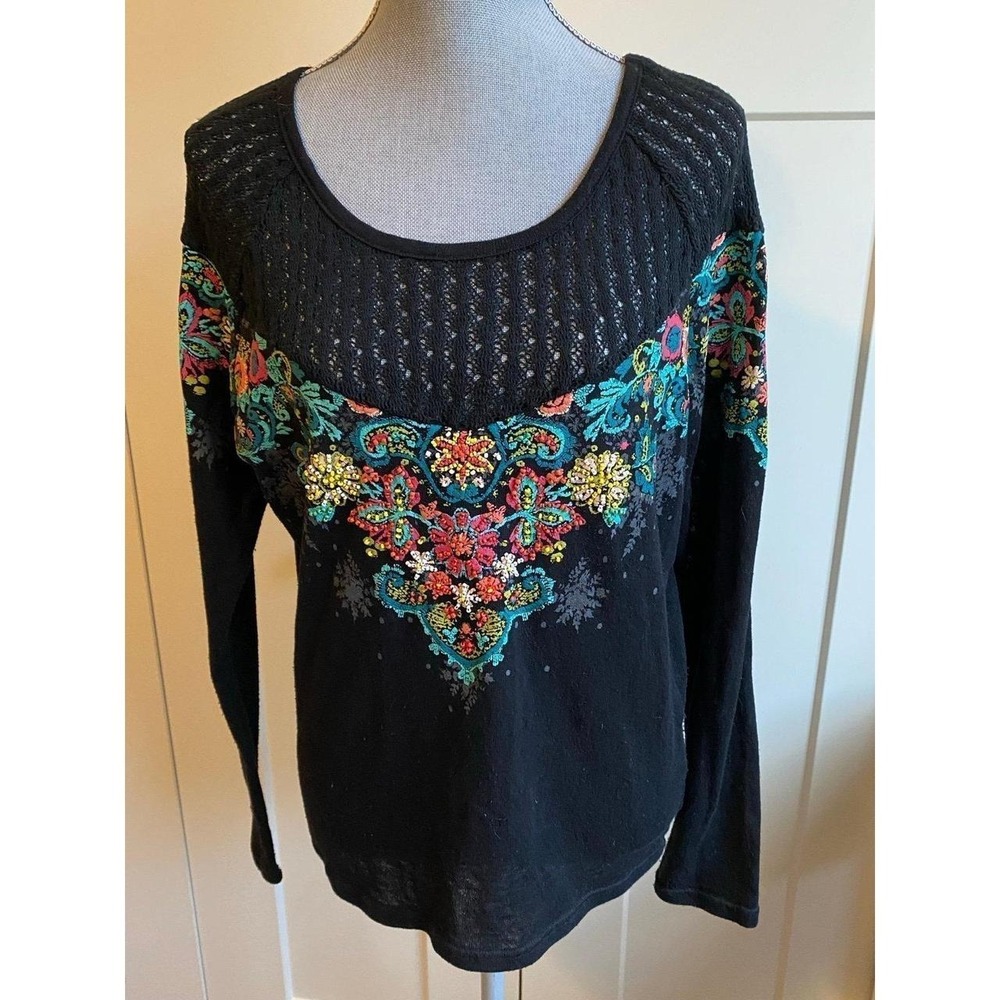 Miss Me Top Beaded Black Womens Large Long-sleeve Shirt Embellished sku45